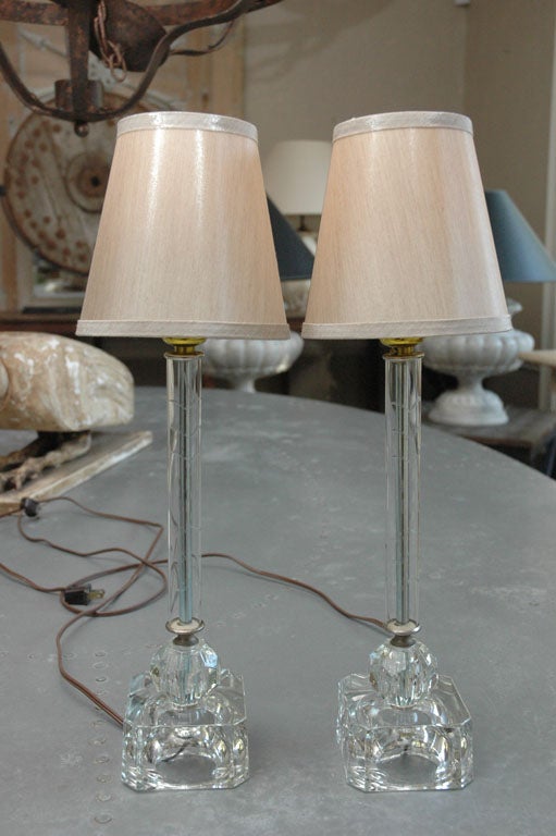Pair of etched crystal boudoir lamps with custom shades. The shades are included in the lamp price.