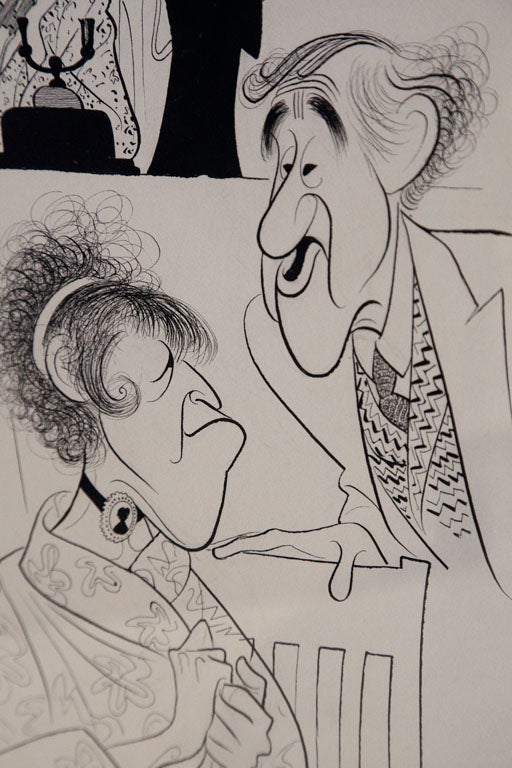 An original line drawing by famed caricaturist Al Hirschfeld, picturing the original cast of the New York stage production of CABARET.  India ink on artist's board, with original pencil sketch marks and erased areas visible.  Mr. Hirschfeld's