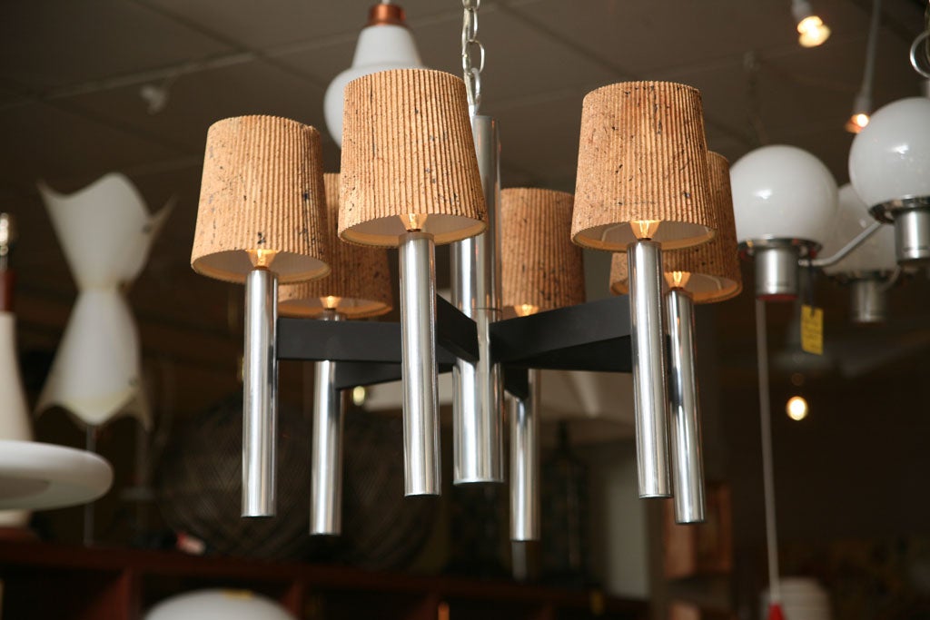 Mid-20th Century Smart 1960s Chrome Tubular Chandelier with Cork Shades For Sale