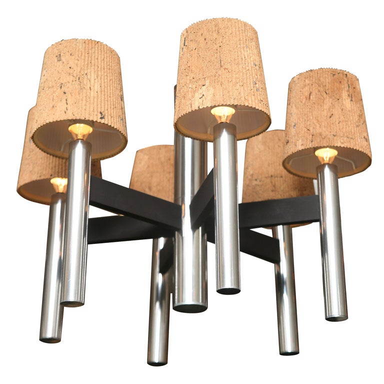 Smart 1960s Chrome Tubular Chandelier with Cork Shades