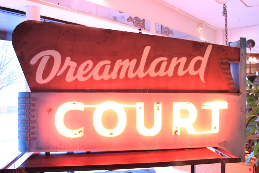 Cool Midcenntury-era neon sign from a Eastern Washington trailer park. Double-sided and perfectly faded aqua and brick-red painted surfaces; mounting brackets intact.  Fully electrified.