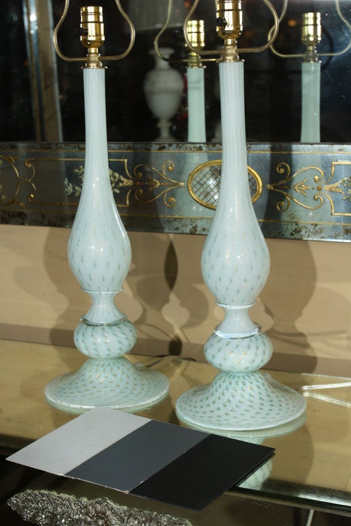 A pair of beautiful baby blue Murano glass lamps, the pebbled pattern with 24kt aventurine gold flecks.