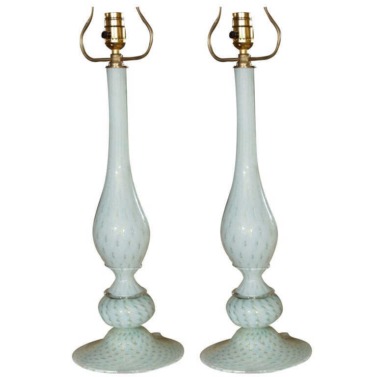 Pair of Italian Baby Blue Murano Lamps