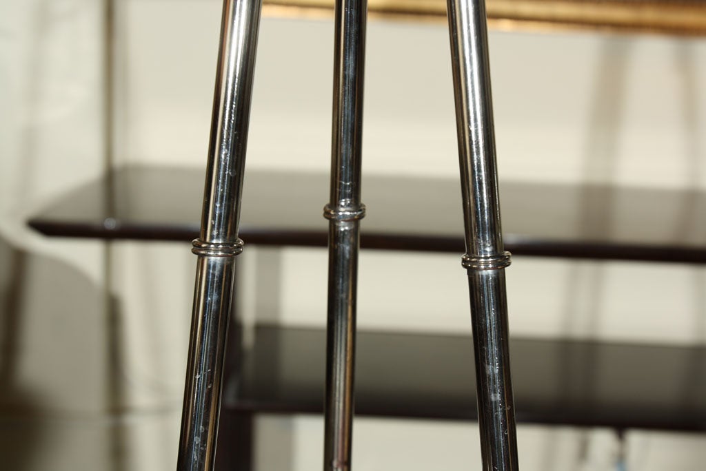 Pair of Mid Century Modern Faux Bamboo Steel Tripod Standing Lamps With Shades