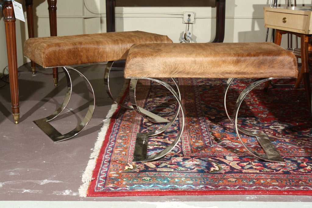 Pair of Spectacular Art Deco Chrome based stools with pony skin