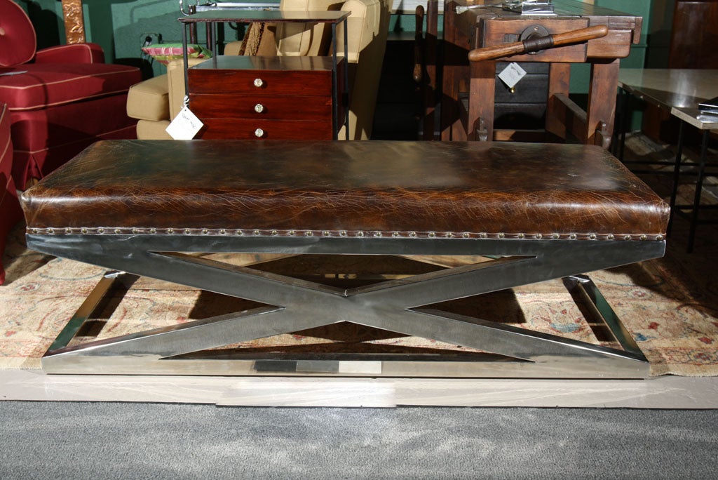 Mid Century Leather Bench w/ Chrome Base