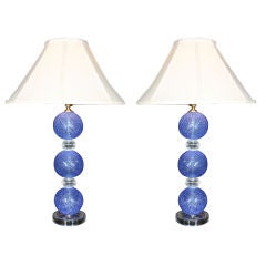Pair of Italian Pulegoso Blue Murano Glass Lamps on Lucite Lamps