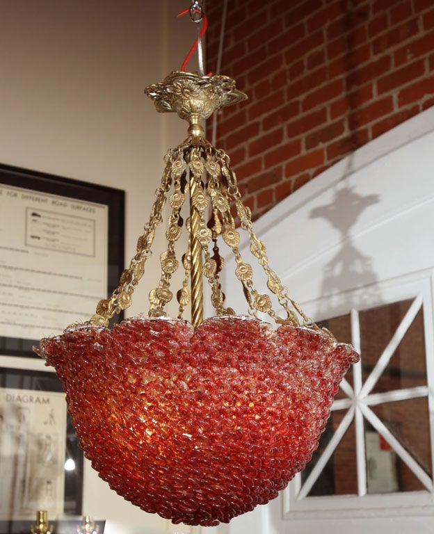 Red Glass Beaded Chandelier. Rewired with 3 lights. Brass or bronze fittings.