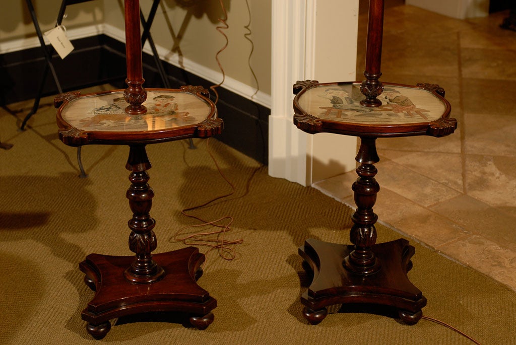 Pair Regency Floor Lamps with Whimsical Petit Point on Tables
