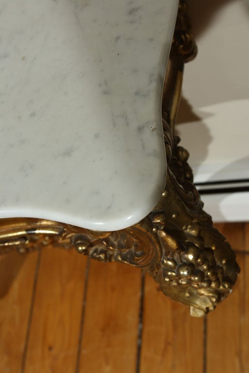 Rococo Italian 19th C Curved Console Table with Triple Gilding and White Marble Top For Sale