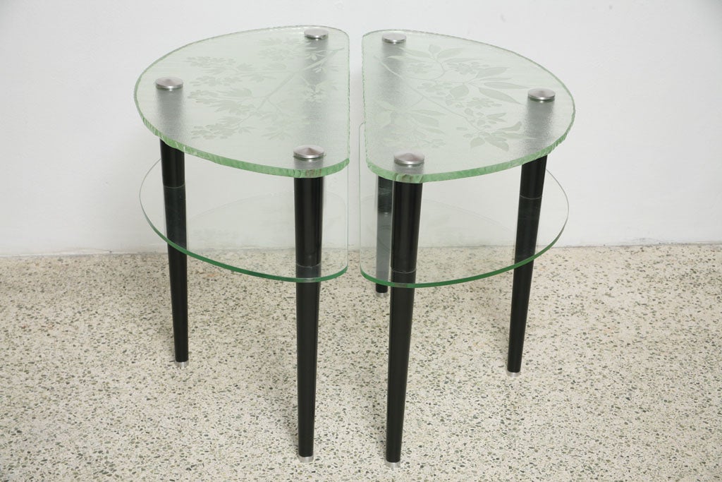 American Pair of Acid Etched Demi Lune Tables For Sale