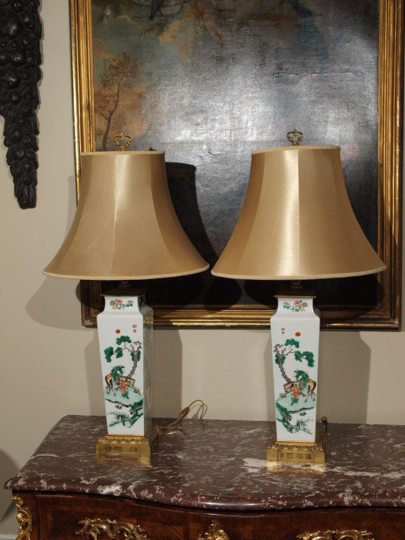 EXCEPTIONAL PAIR OF FAMILLE VERT VASE MOUNTED AND AS LAMPS