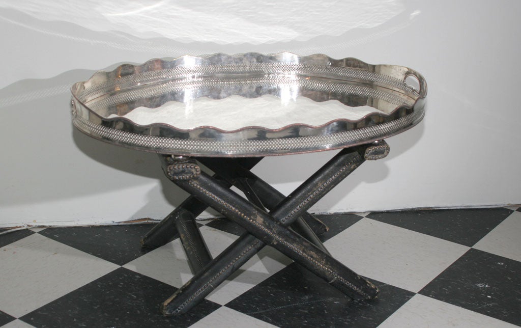Large Silver Tray on Leather Stand