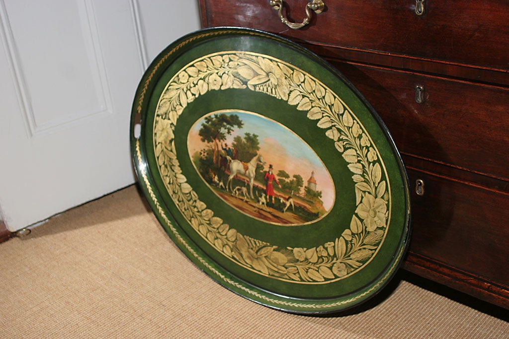 Fine Regency Oval Tole Tray Showing the Devonshire Hunt. English, Circa 1820 In Excellent Condition For Sale In New York, NY