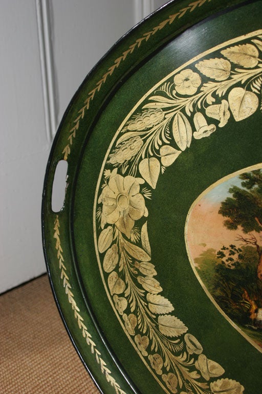 19th Century Fine Regency Oval Tole Tray Showing the Devonshire Hunt. English, Circa 1820 For Sale