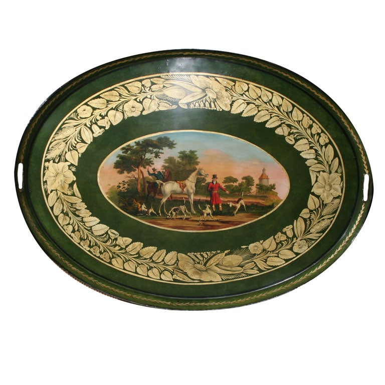 Fine Regency Oval Tole Tray Showing the Devonshire Hunt. English, Circa 1820 For Sale