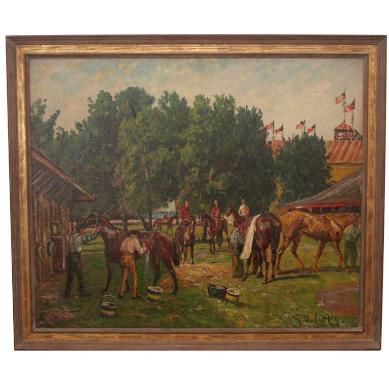 "After the Race-Cooling Down" Oil on Canvas Painting, circa 1920 For Sale