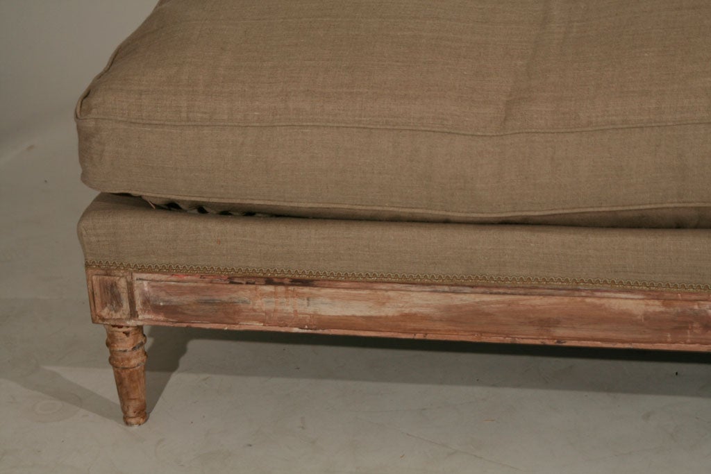 Large Louis XVI Style Ottoman/Bench Upholstered in Beige Linen