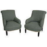 A Pair of Napoleon III Blue Linen Bergeres
