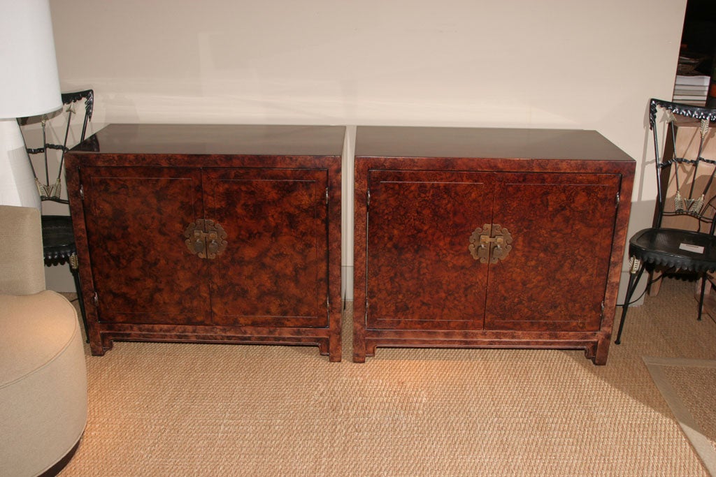 Pair of lacquered Asian inspired chests with faux tortoise finish and brass hardware by Century c. 1960