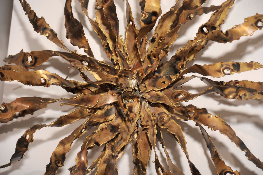 Metalwork American Sensational Brutalist Torch Cut Flower Wall Sculpture by Silas Seandel For Sale