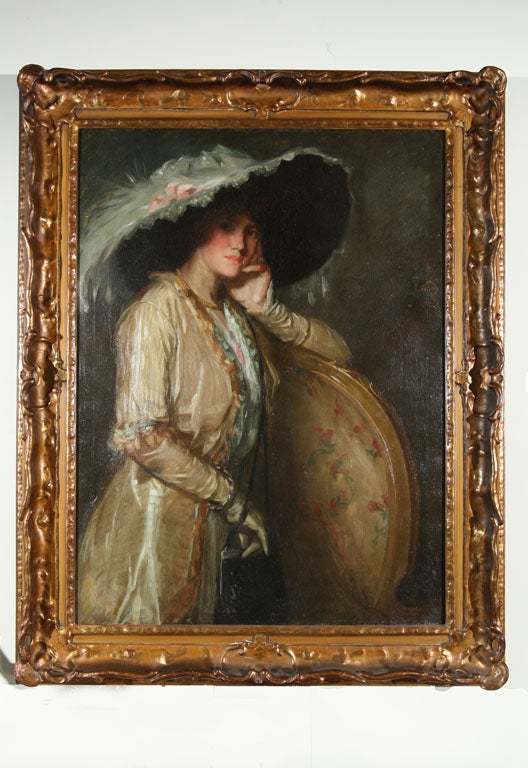 An exceptional gilded age period life size American portrait of a society belle.  An oil on canvas, signed with a monogram, and mounted in a gilded period frame. Influence of William Merritt Chase.