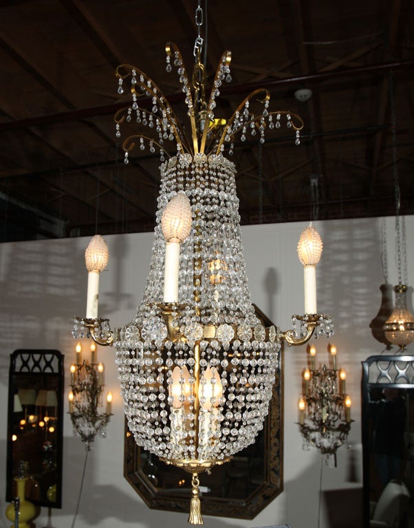 French beaded brass basket chandelier. Eight lights.