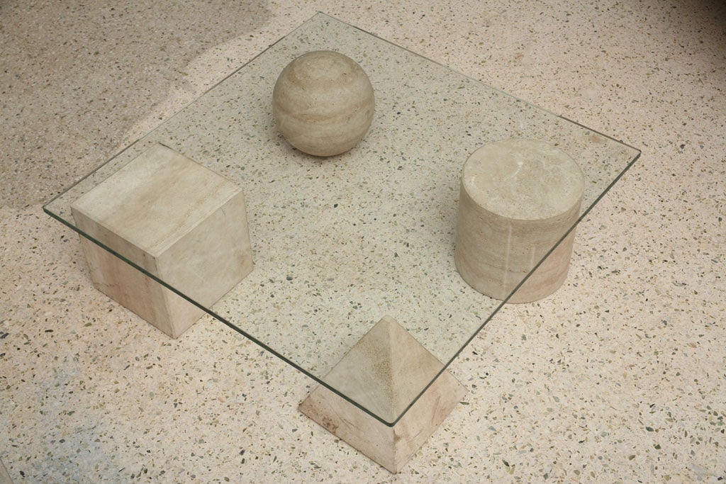 Italian Travertine Marble and Glass Low Table by Massimo Vignelli