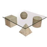 Travertine Marble and Glass Low Table by Massimo Vignelli