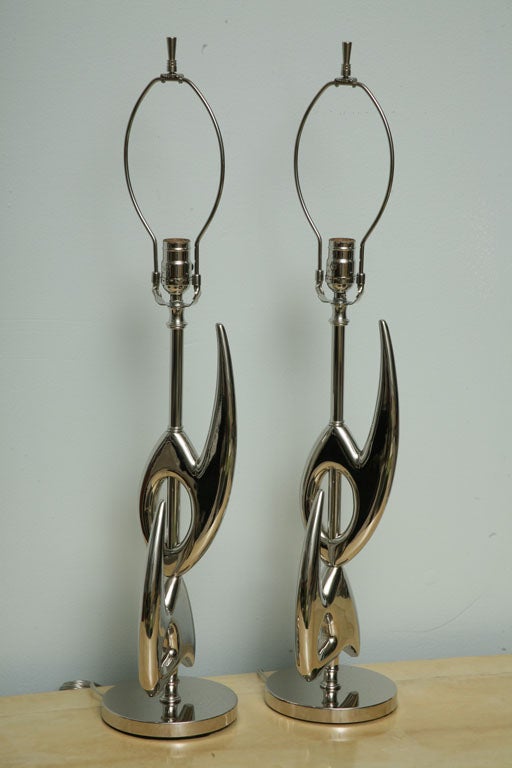Pair of Rembrandt Nickel Plated Abstract Lamps In Excellent Condition For Sale In Hollywood, FL