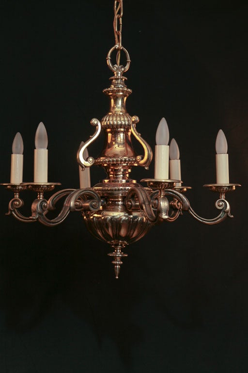 American Large Six Arm Cast Brass Chandelier For Sale