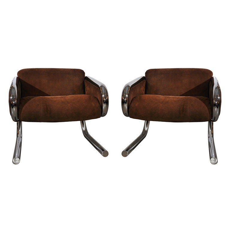 Original Pair of Harvey Probber Chrome and Suede Lounge Chairs