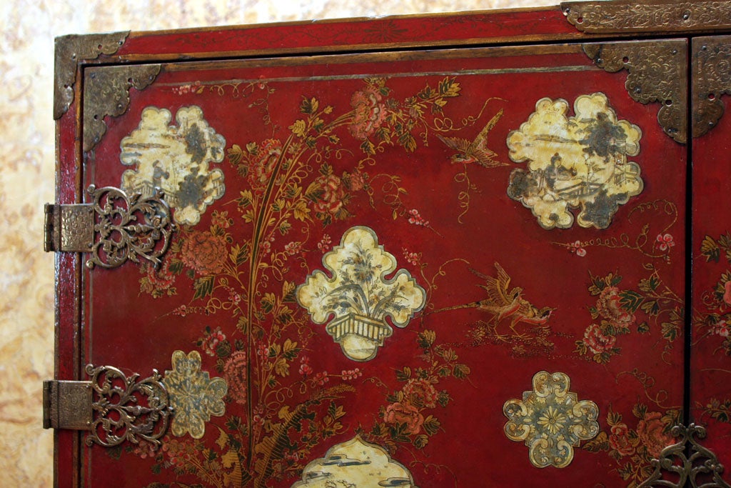 A Rare Red And White Lacquered Cabinet On Original Stand For Sale 1