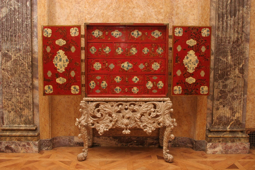A Rare Red And White Lacquered Cabinet On Original Stand For Sale 2