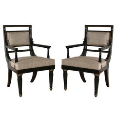 Antique A Pair Of Ebonized Brass-inlaid Armchairs