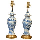 Antique Pair 19thc. Blue and White Export Vases as Lamps