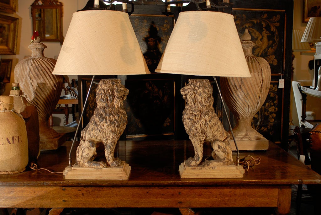 Belgian Pair of Wooden Carved Sitting Lion Table Lamps, circa 1880 with Empire Shades For Sale