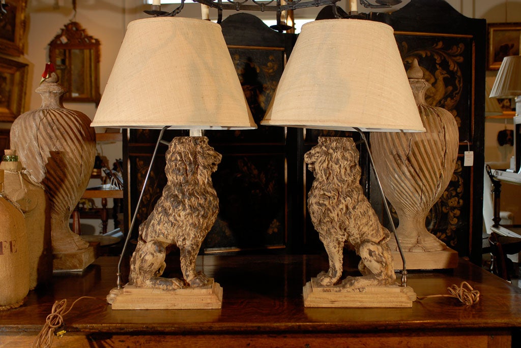 19th Century Pair of Wooden Carved Sitting Lion Table Lamps, circa 1880 with Empire Shades For Sale