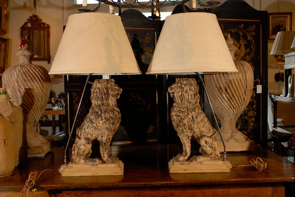 Metal Pair of Wooden Carved Sitting Lion Table Lamps, circa 1880 with Empire Shades For Sale