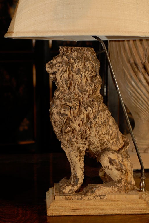 Pair of Wooden Carved Sitting Lion Table Lamps, circa 1880 with Empire Shades For Sale 1
