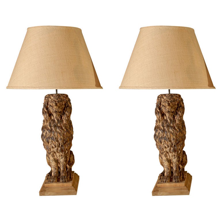 Wooden Carved Sitting Lion Table Lamps, Vintage Wooden Carved Table Lamps