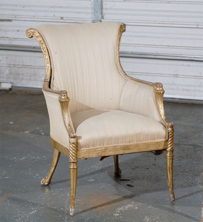 French Pair of 19th Century Regency Style Giltwood Arm Chairs For Sale