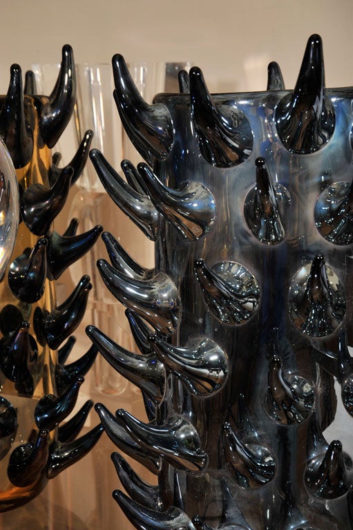 Spiked iridescent black Murano glass vase