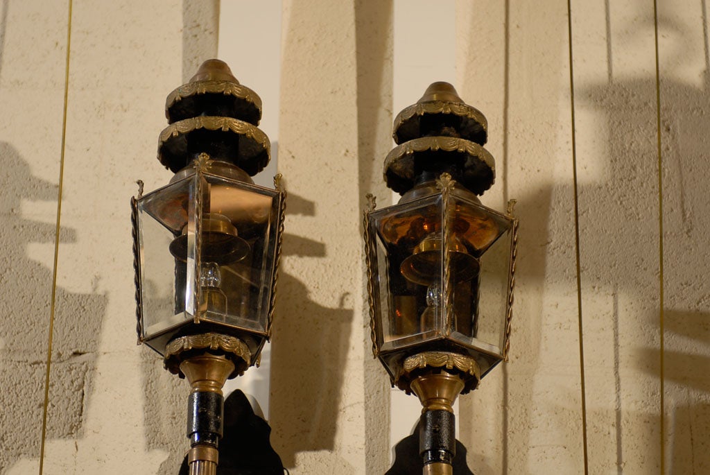 English Pair of Large Brass & Iron Coach Lanterns