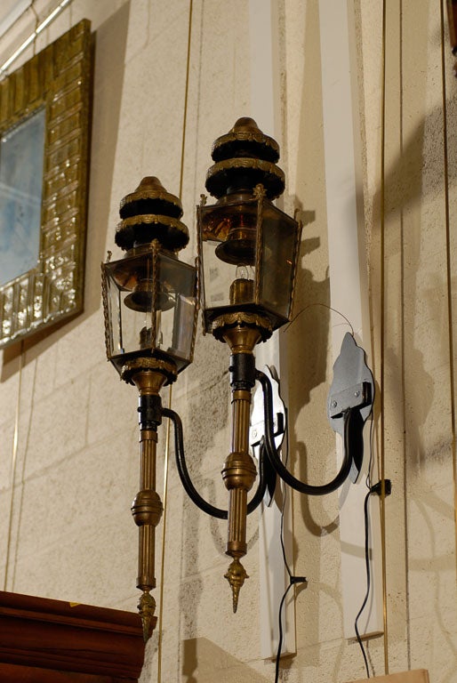 19th Century Pair of Large Brass & Iron Coach Lanterns