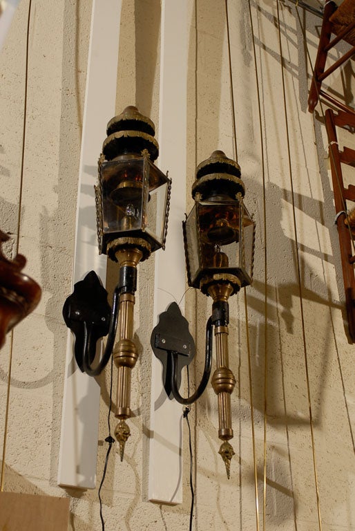 Pair of Large Brass & Iron Coach Lanterns 1