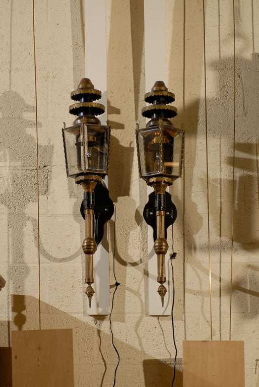 Pair of Large Brass & Iron Coach Lanterns 2