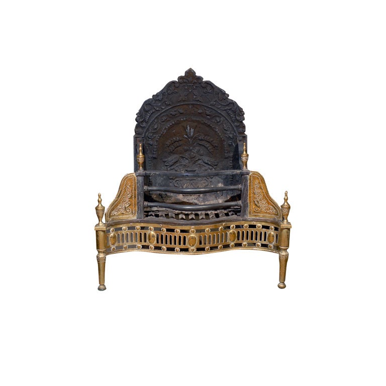 19th Century English Brass Coal Grate with Iron Fireback