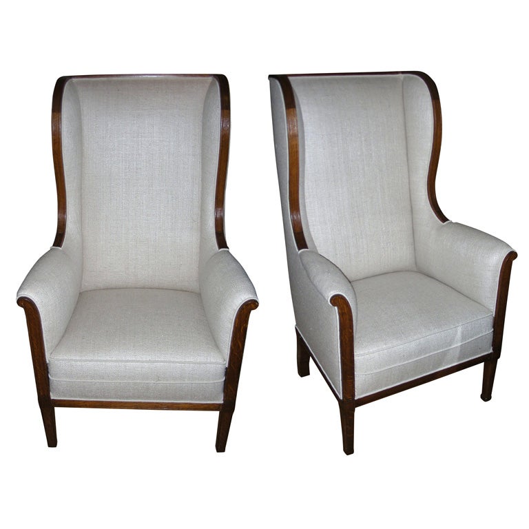 Two Large 1940s Winged Armchairs Attributed to Jean Michel Frank