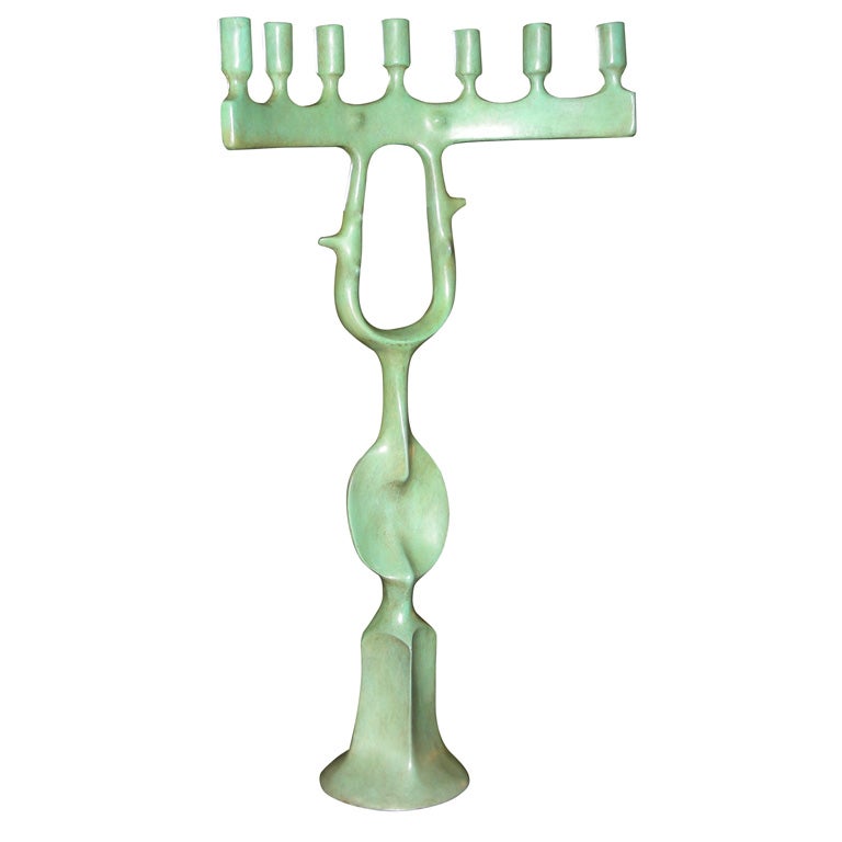 1970s Green Patina Bronze Menorah by Victor Roman